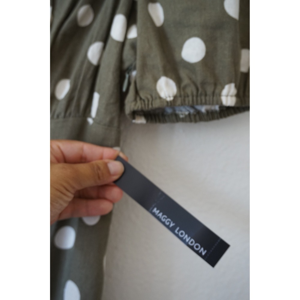 NWT Maggy London Midi Dress Polka Dot Puff Sleeve Linen Blend Boho Prairie sz 10 - Picture 5 of 7